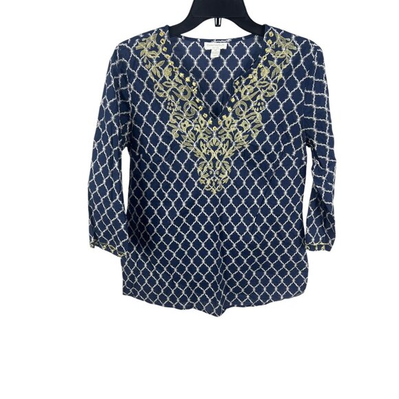 Charter Club Womens Petite 8P Navy White Geometric Embroidered Tunic Top Cotton - Picture 1 of 7